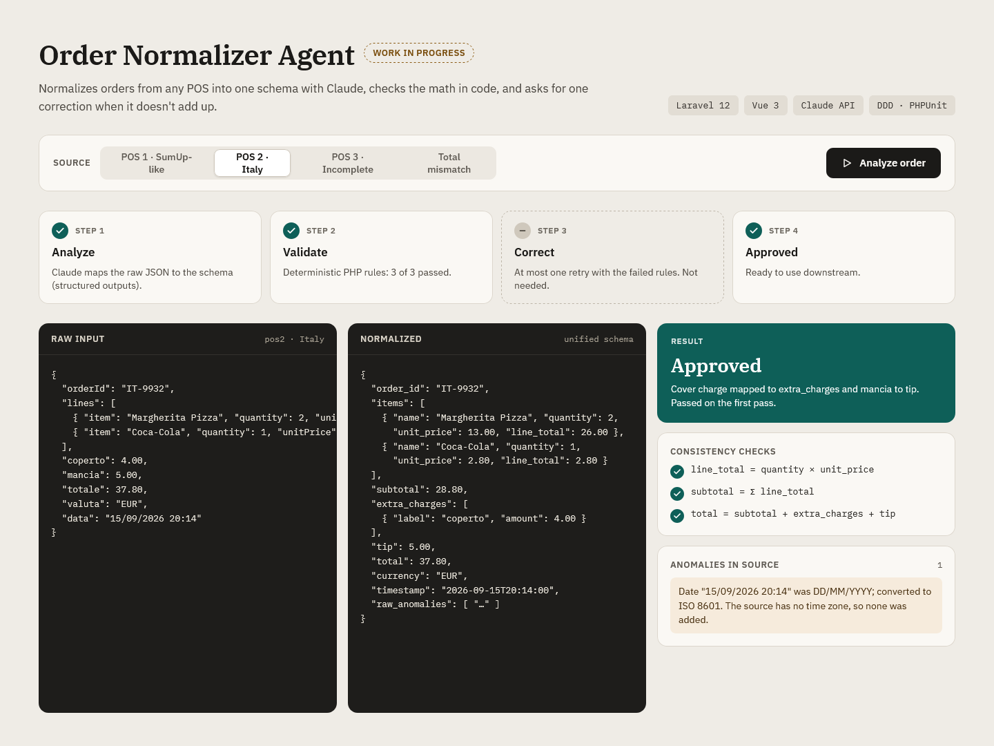 Order Normalizer Agent interface normalizing a restaurant order